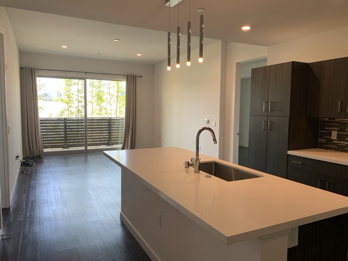 Modern kitchen with dark wood cabinetry and marble backsplash