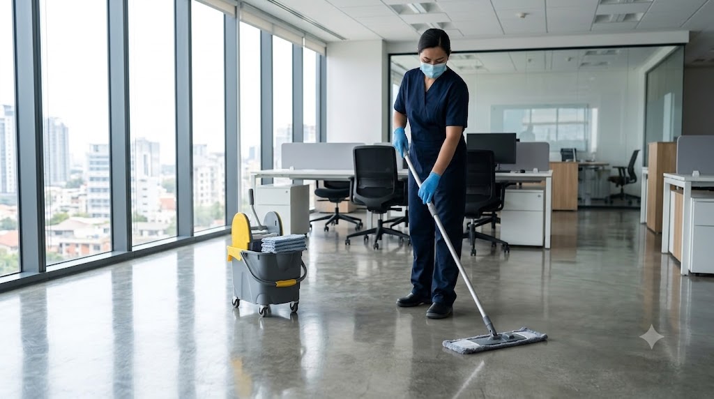 Steam cleaning a commercial carpet in an office space